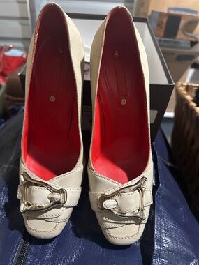 Celine Cream Leather Platform/Heels with Red Interior and Gold Buckles